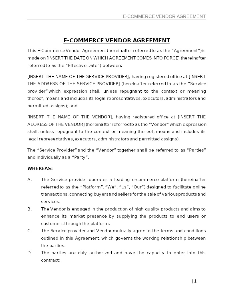 E-COMMERCE VENDOR AGREEMENT