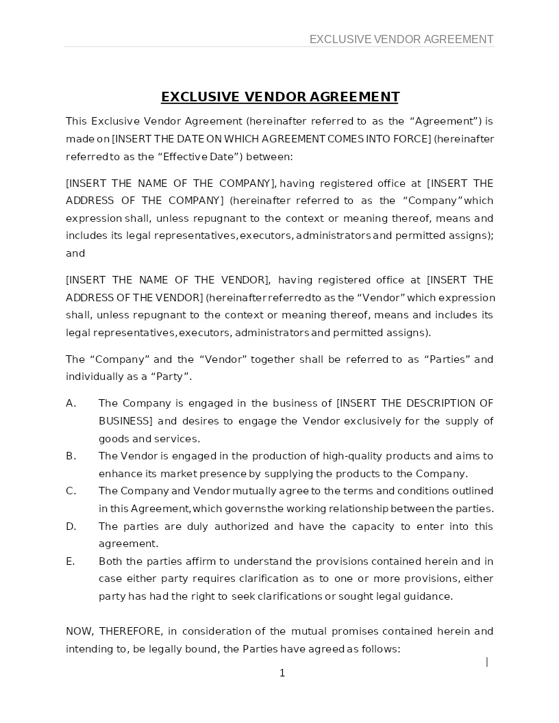 EXCLUSIVE VENDOR AGREEMENT