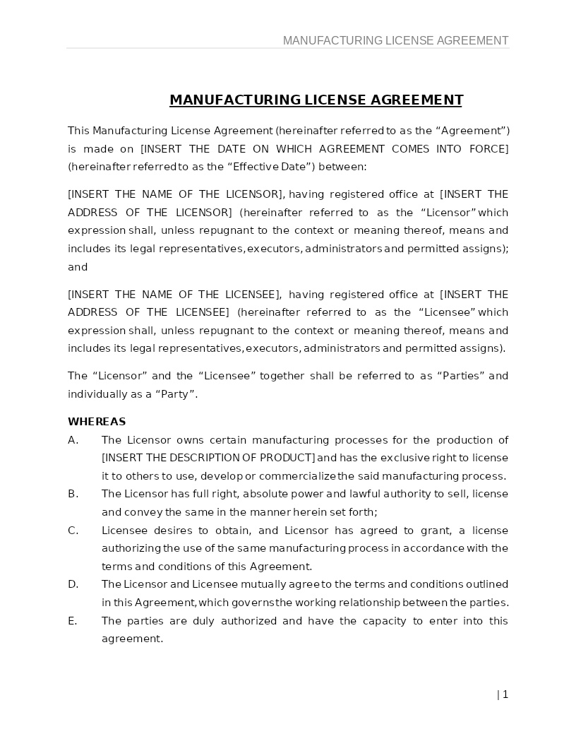MANUFACTURING LICENSE AGREEMENT