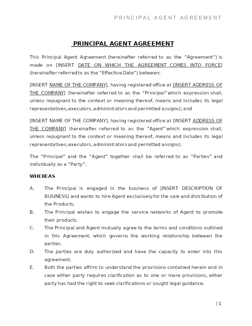 PRINCIPAL AGENT AGREEMENT