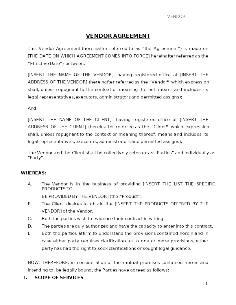VENDOR AGREEMENT